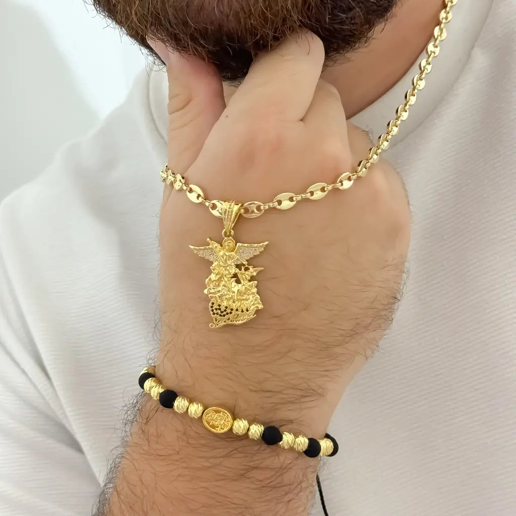 Juego Protección San Miguel  Cadena Tejido Gucci 60cm + Dije San Miguel con Micro Circones + Pulsera San Miguel  Balin Diamantado 4mm en Oro Laminado 18k con Garantia de por vida