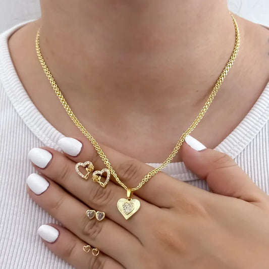 Juego de Set de Cadena Tejido Chino de Dama de 45cm + Dije de Corazon con Micro circones + Set de Topos X 3 en los 3 Tamaños en Oro Laminado 18k con Garantia de por vida