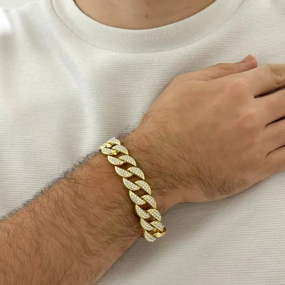 PULSERA CUBANA DIAMANTADA 20CM-18MM DE GROSOR EN ORO LAMINADO 24K CON GARANTIA DE POR VIDA