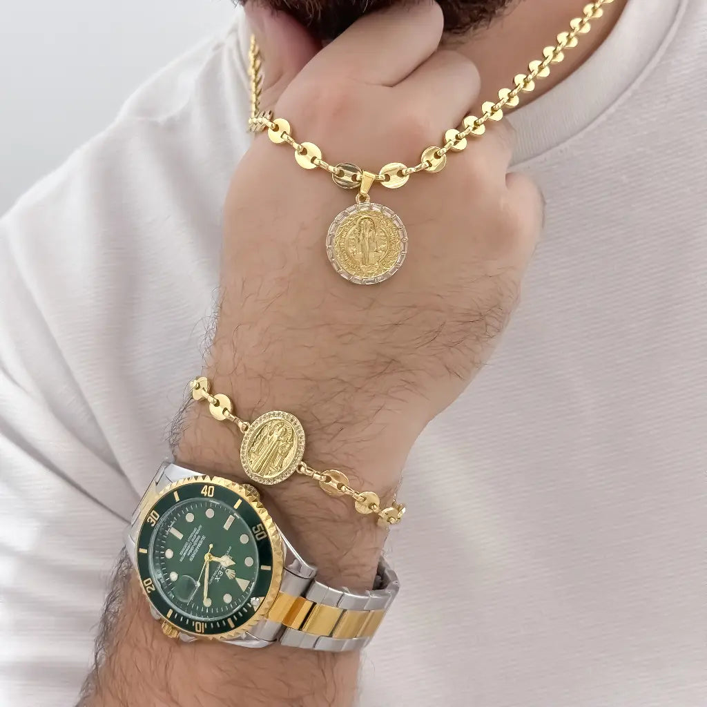 Juego de cadena Tejido Gucci de hombre 60cm + Dije San Benito Proteccion + Pulsera de san Benito Tejido Gucci Proteccion de toda las malas Energia en Oro Laminado 18k con Garantia de por vida + Reloj Rolex de alta Gama