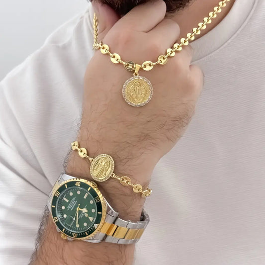 Juego de cadena Tejido Gucci de hombre 60cm + Dije San Benito Proteccion + Pulsera de san Benito Tejido Gucci Proteccion de toda las malas Energia en Oro Laminado 18k con Garantia de por vida + Reloj Rolex de alta Gama