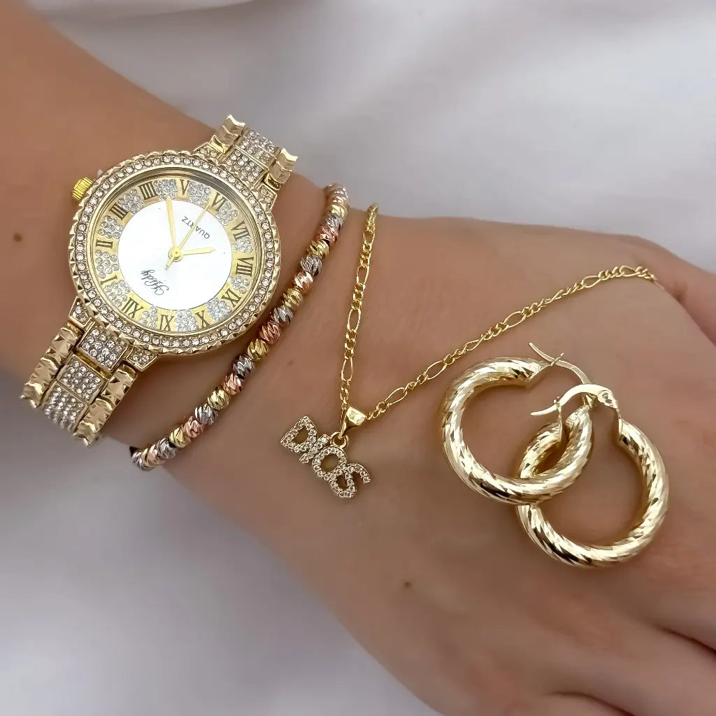 Cadena Tejido Catier de Dama de 45cm + Dije de Dios + Candongas Medina Lisas + Pulsera de 4mm Balin Italaino en Oro Laminado 18k  + Reloj Hifter con micro circones con Garantia