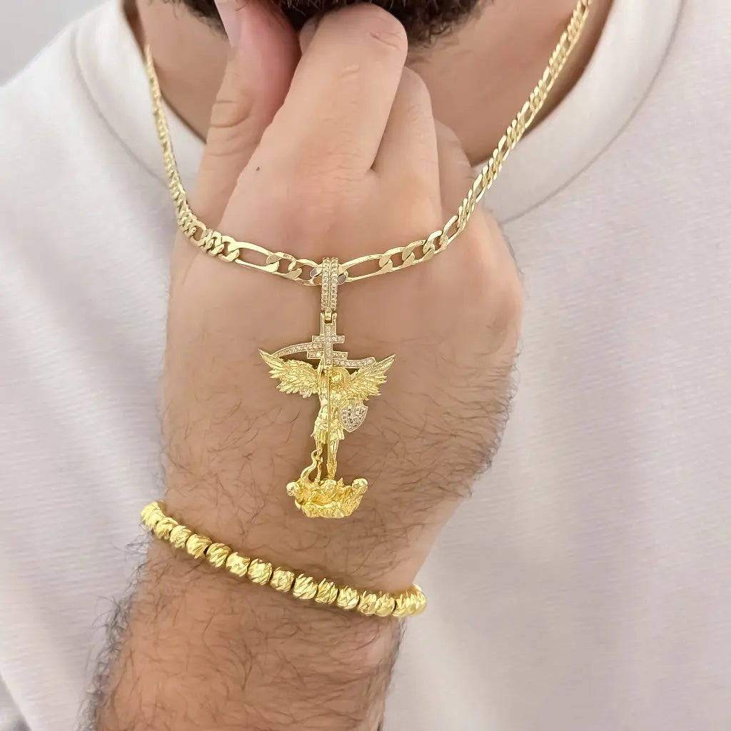 Cadena Tejido Catier de 60cm de 5mm de Grosor + San Miguel Arcángel Protección + Pulseras full balines de 5mm de Grosor en  Oro Laminado 18k con Garantia de por vida