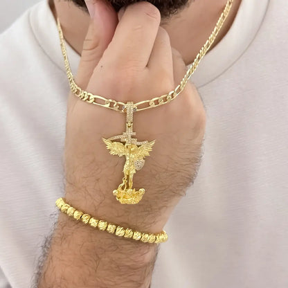 Cadena Tejido Catier de 60cm de 5mm de Grosor + San Miguel Arcángel Protección + Pulseras full balines de 5mm de Grosor en  Oro Laminado 18k con Garantia de por vida