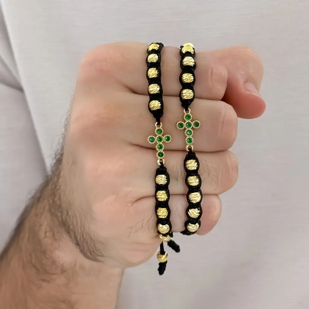 Promocion de Pulseras Para Parejas en Balin Italiano en cruz verde esmeralda en Oro laminado 18k con Garantia de por vida