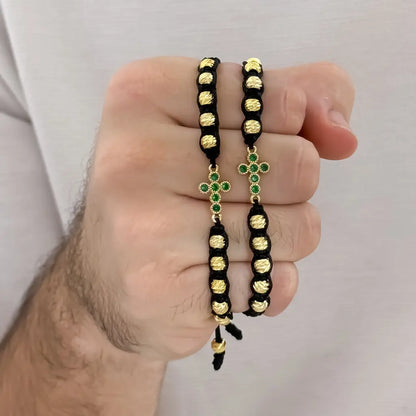 Promocion de Pulseras Para Parejas en Balin Italiano en cruz verde esmeralda en Oro laminado 18k con Garantia de por vida