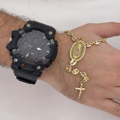 Camandula de Virgen Guadalupe Tejido Gucci de 60cm de 5mm de Grosor en Oro Laminado + Reloj de Alta calidad con garantia