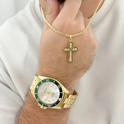 Cadena Tejido Chino 60cm + Cruz Con Circones Negro y Cristales en Oro Laminado 18k con Garantia de por vida + Reloj Rolex en Oro Laminado 18k