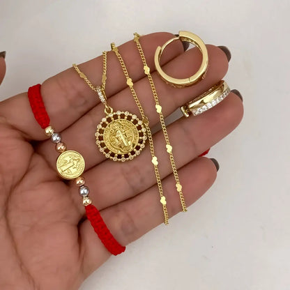 Juego de Cadena Cubana Corazon + Amuleto de San Benito Protección  + Pulsera de 3 oros con Herraje de San Benito + Candongas con micro circones en Oro Laminado 18k con Garantia de por vida