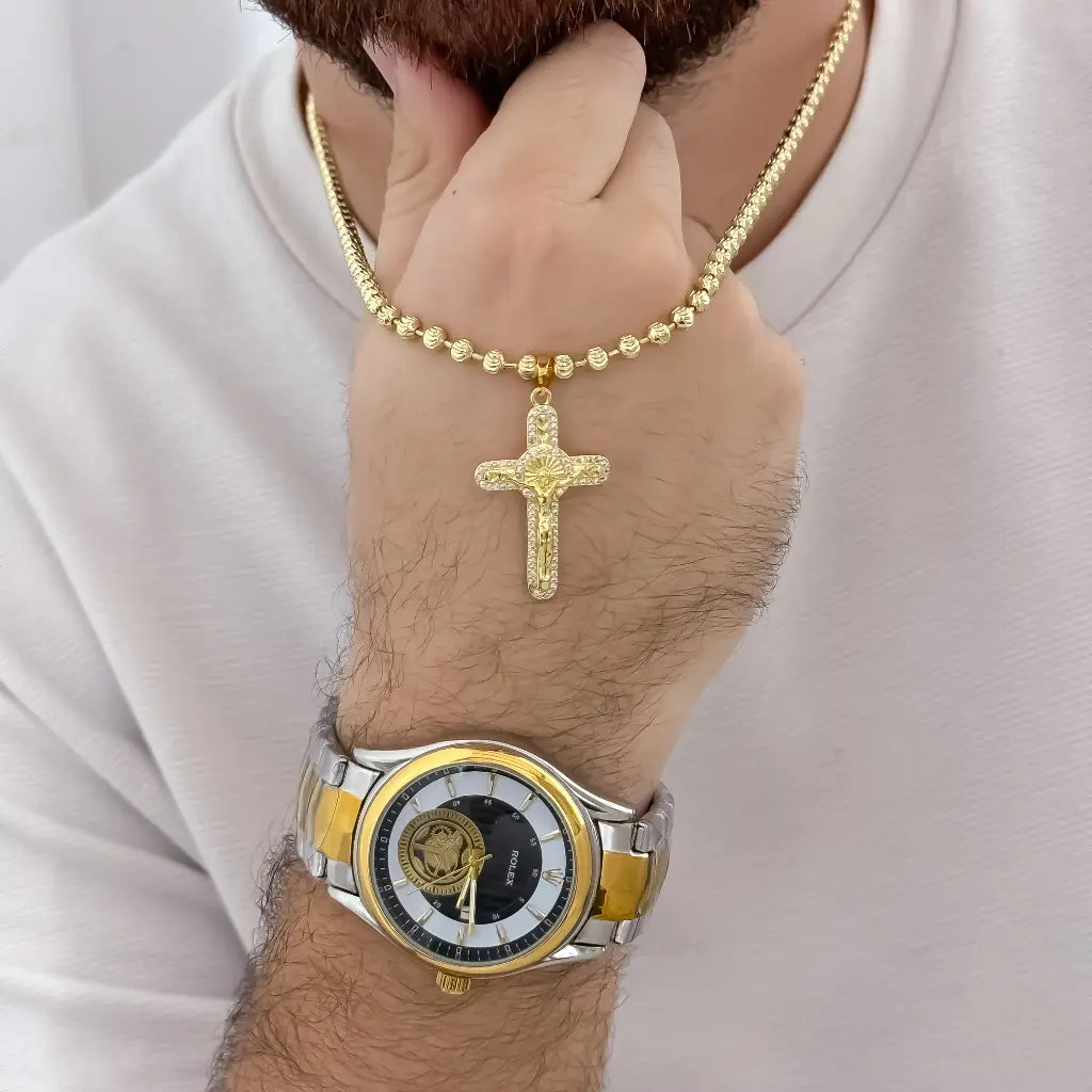 Cadena Tejido Militar Diamantada de 60cm de 4mm de Grosor + Cruz Cristo San Benito Proteccion  + Reloj Rolex de Alta Calidad con Garantia