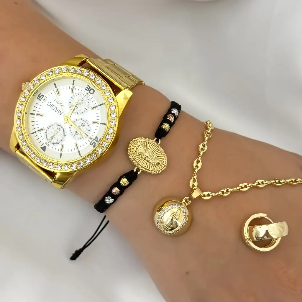 Conjunto Gucci  para Dama  + Virgen Guadalupe + Pulsera Virgen Guadalupe + Candongas  Lisas + Reloj de Alta Gama