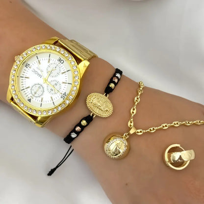 Conjunto Gucci  para Dama  + Virgen Guadalupe + Pulsera Virgen Guadalupe + Candongas  Lisas + Reloj de Alta Gama