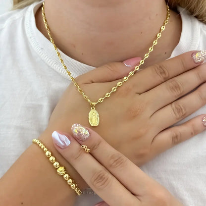 Conjunto para Dama Cadena  Tejido Gucci + Virgen Guadalupe + Topo Gucci + pulsera balin 4mm en Oro laminado 18k con Garantia de por vida
