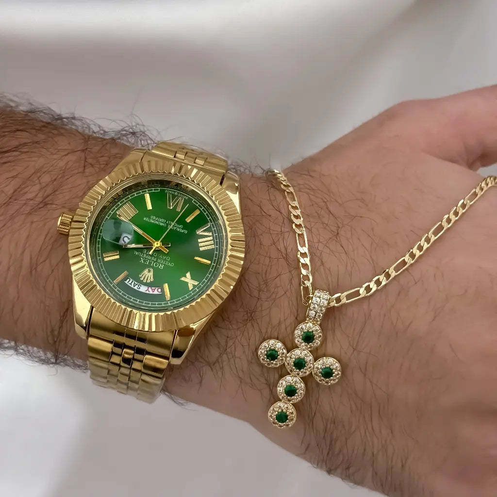 Cadena Tejido Catier de 60cm de 3mm de Grosor + Cruz Verde Esmeralda en Oro Laminado 18k con Garantia de por vida + Reloj Rolex de Alta Calidad Verde con Garantía
