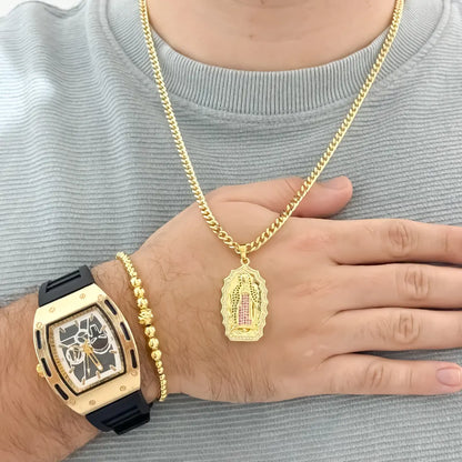 Conjunto de Cadena Cubana + Virgen Guadalupe + Pulsera Full Balines en Oro Laminado 18k con  Garantia de por vida  + Reloj Richar Mille