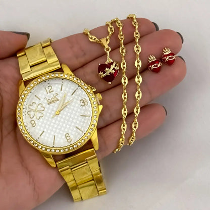 Juego de Corazon de jesus + Topos de Corazon de jesus con  Cadena Tejido Gucci en Oro Laminado 18k con Garantía + Reloj de Dama de Alta Calidad
