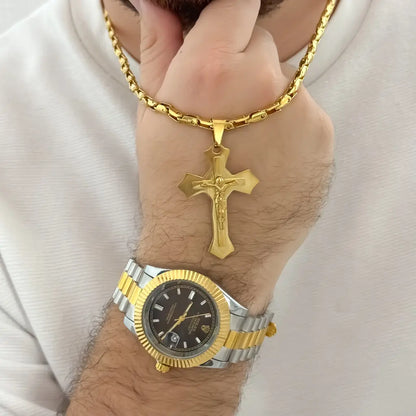 Cadena Tejido Barbado Gruesa  60cm + Cruz Madero Grande en Oro Laminado 18k con Garantia de por vida + Reloj Rolex Replica 1.1 con Garantia