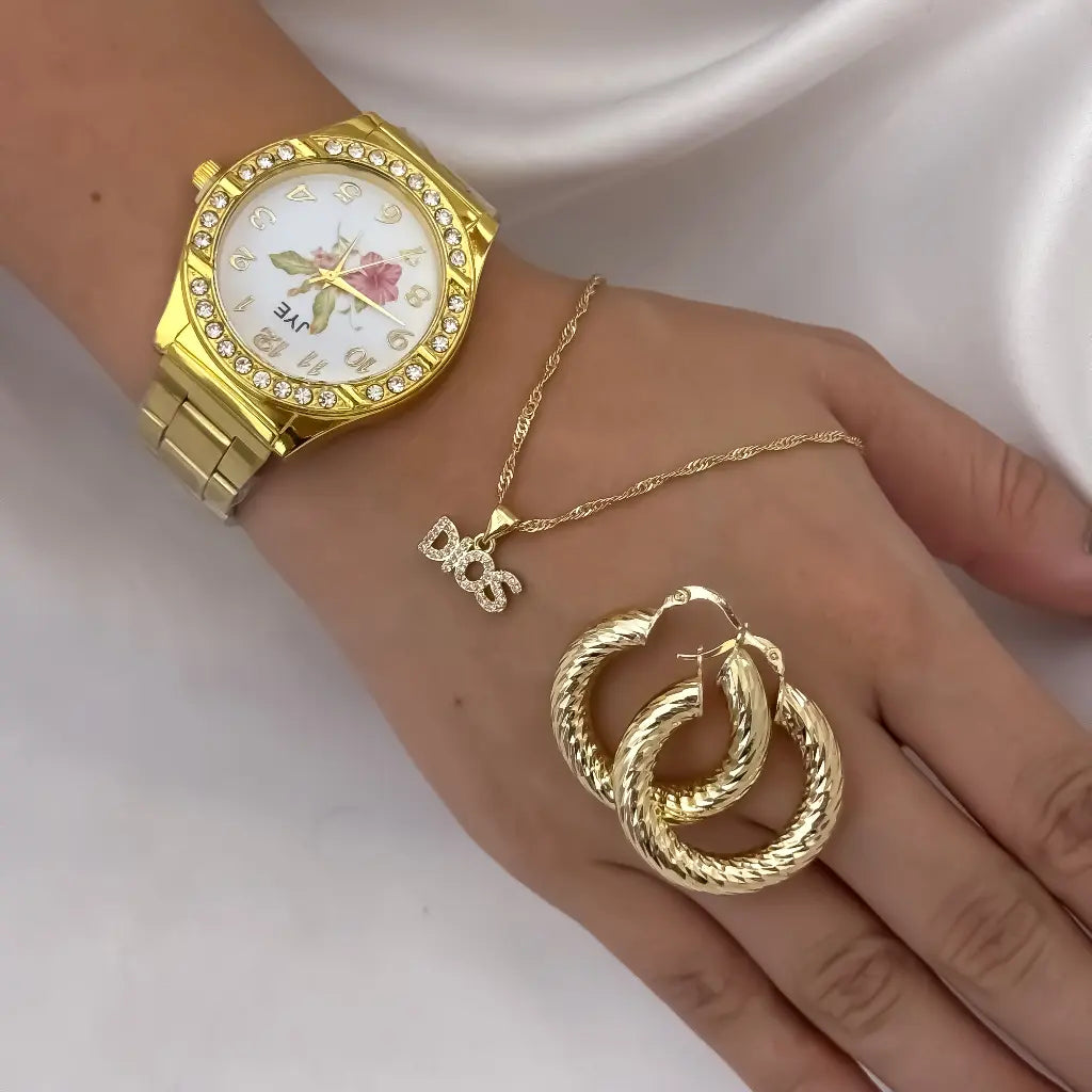 Cadena Tejido Singapur de Dama de 45cm + Dije de Dios Protección + Candongas Tubular Tallada en oro Laminado 18k + Reloj de Dama JYE de Alta Calidad