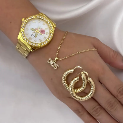 Cadena Tejido Singapur de Dama de 45cm + Dije de Dios Protección + Candongas Tubular Tallada en oro Laminado 18k + Reloj de Dama JYE de Alta Calidad