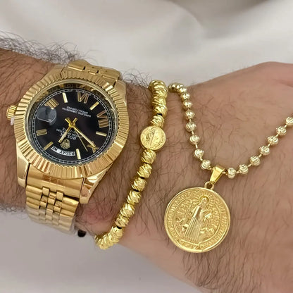 Cadena Tejido Militar Diamanatda de 60cm de 4mm de Grosor en Balin Diamantado + Dije de San Benito Protección + Pulsera Balin Italiano de San Benito en Oro Laminado 18k con Garantia de por vida + Reloj Rolex Amarillo con Garantia
