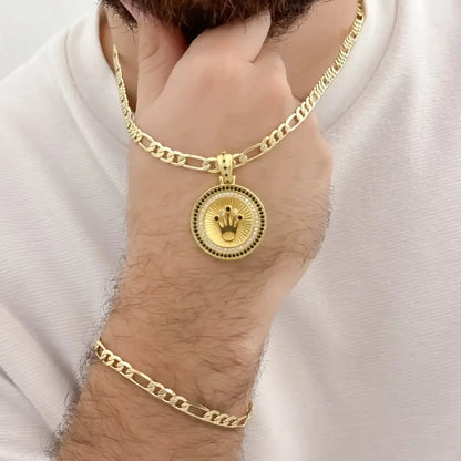 Conjunto Para hombre en Cadena tejido Catier de 60cm de 5mm de Grosor + Dije de Corona con micro circones Verde + Pulseras de 20cm de 5mm de Grosor en Oro  Laminado 18k con Garantia de por vida