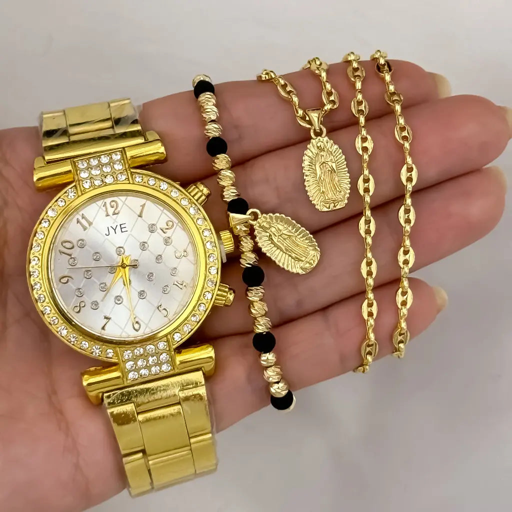 Cadena Tejido Gucci de Dama de 45cm de 3mm de Grosor + Virgen de Guadalupe Tallada + Pulsera  Virgen de Guadalupe en Oro Laminado 18k con Garantia de por vida  + Reloj de Dama de alta calidad