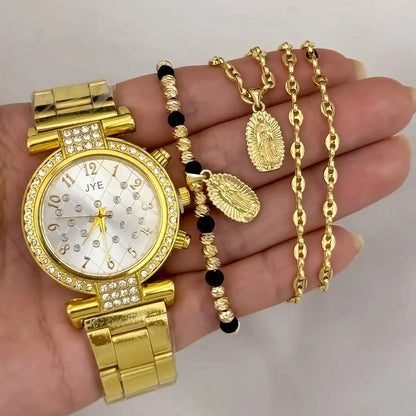 Cadena Tejido Gucci de Dama de 45cm de 3mm de Grosor + Virgen de Guadalupe Tallada + Pulsera  Virgen de Guadalupe en Oro Laminado 18k con Garantia de por vida  + Reloj de Dama de alta calidad