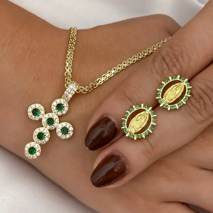 Cadena Tejido Chino de Dama de 45cm de 3mm de Grosor + Cruz Verde Esmeralda + Topos de Virgen de Guadalupe circones verde en Oro Laminado 18k