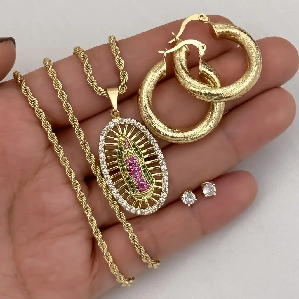 Cadena Tejido Lazo de Dama de 45cm de 3mm de Grosor + Virgen Guadalupe + Topo con micro circones  + Candongas Tubular en Oro Laminado 18k con Garantia de por vida