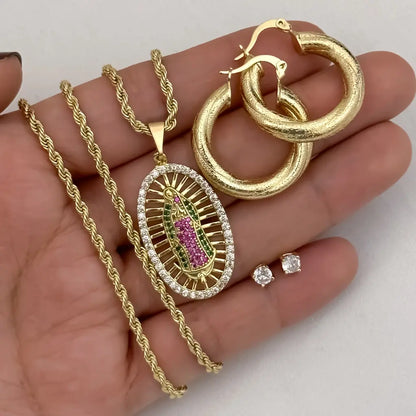 Cadena Tejido Lazo de Dama de 45cm de 3mm de Grosor + Virgen Guadalupe + Topo con micro circones  + Candongas Tubular en Oro Laminado 18k con Garantia de por vida
