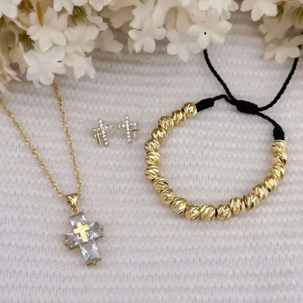 Cadena Tejido Singapur de Dama de 45cm + cruz con circones cristales +Topo Cruz + Pulsera Balin italiano de 5mm en oro Laminado 18k con Garantia de por vida