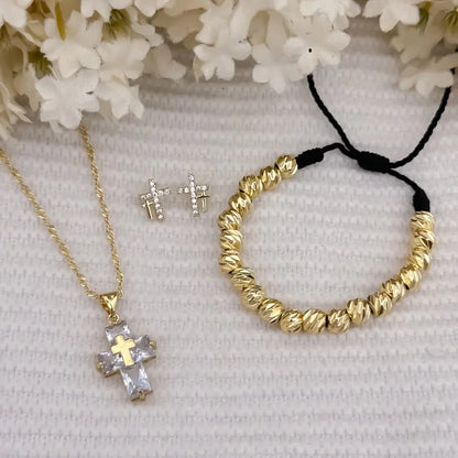 Cadena Tejido Singapur de Dama de 45cm + cruz con circones cristales +Topo Cruz + Pulsera Balin italiano de 5mm en oro Laminado 18k con Garantia de por vida