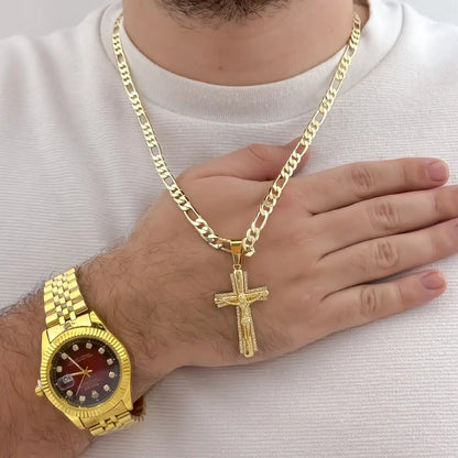 Cadena Tejido Catier de Hombre 60cm  + Cruz cristo Madero con Micro circones en Oro Laminado 18k con  Garantia de por vida