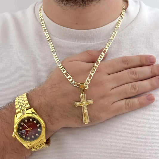 Cadena Tejido Catier de Hombre 60cm  + Cruz cristo Madero con Micro circones en Oro Laminado 18k con  Garantia de por vida