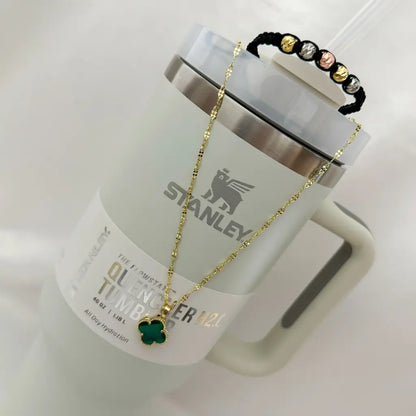 Cadena Tejido Crispeta 45cm + Trebol Verde de la buena Suerte + Pulsera Balin 4mm Balin Italiano de 3 Oros  en Oro Laminado 18k con Garantia + Obsequio Termo Stanley