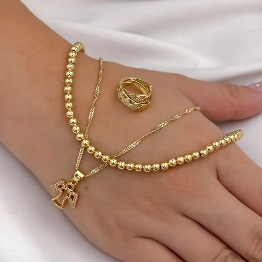 Conjunto para Dama de Cadena Militar de Dama en Choker de 40cm + Cadena Singapur de Dama de 50cm + Dije de Angel Protector  + Candongas con micro circones en Oro Laminado 18k con Garantia de por vida