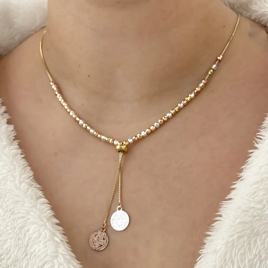 Choker de 3 Oros Balin Diamantado de San Benito Protección el Amuleto Perfecto en Baño de Oro de 14k