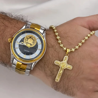 Cadena Tejido Militar Diamantada de 60cm de 4mm de Grosor + Cruz Cristo San Benito Proteccion  + Reloj Rolex de Alta Calidad con Garantia