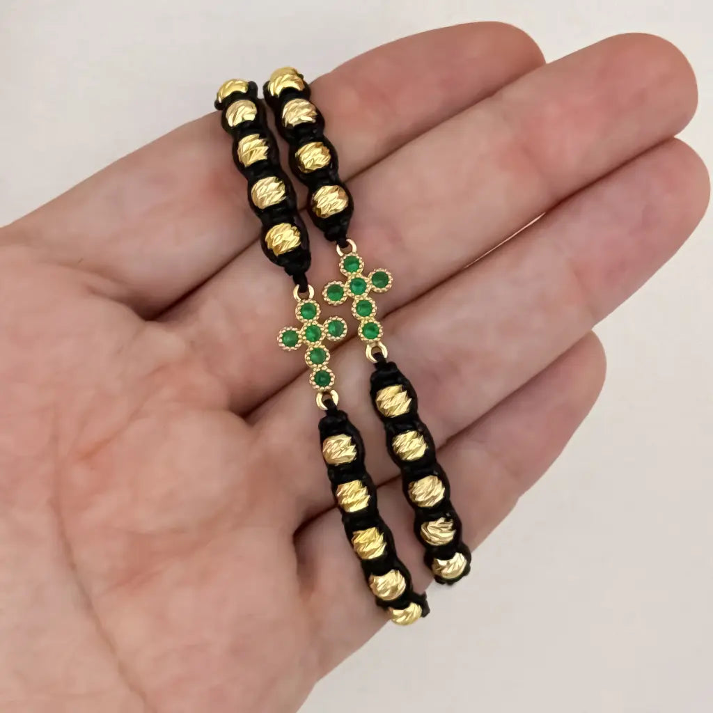 Promocion de Pulseras Para Parejas en Balin Italiano en cruz verde esmeralda en Oro laminado 18k con Garantia de por vida