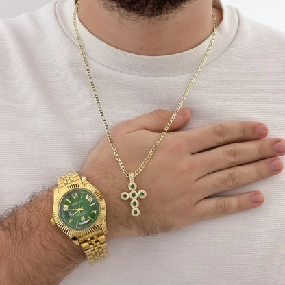 Cadena Tejido Catier de 60cm de 3mm de Grosor + Cruz Verde Esmeralda en Oro Laminado 18k con Garantia de por vida + Reloj Rolex de Alta Calidad Verde con Garantía