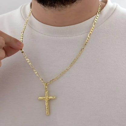Cadena Tejido Catier Gruesa de Hombre de 60cm de 5mm de Grosor + Cristo madero de Proteccion en Oro laminado 18k con Garantia de por vida