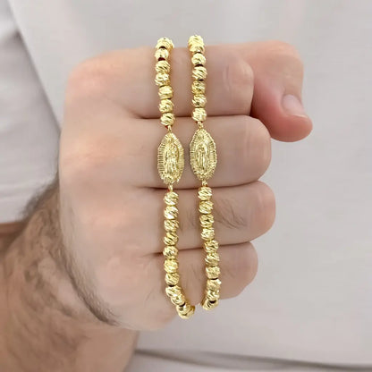 2 Pulseras para parejas con Dije de Virgen Guadalupe el Amuleto Protector de toda nuestras males Energias en Balin italiano de 6mm en oro Laminado 18k con Garantia de por vida