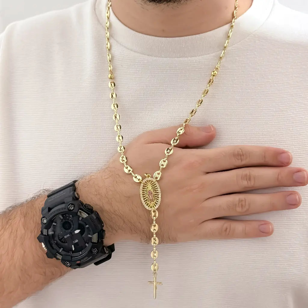 Camandula de Virgen Guadalupe Tejido Gucci de 60cm de 5mm de Grosor en Oro Laminado + Reloj de Alta calidad con garantia