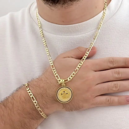 Conjunto Para hombre en Cadena tejido Catier de 60cm de 5mm de Grosor + Dije de Corona con micro circones Verde + Pulseras de 20cm de 5mm de Grosor en Oro  Laminado 18k con Garantia de por vida