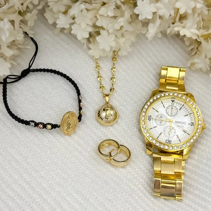Conjunto Gucci  para Dama  + Virgen Guadalupe + Pulsera Virgen Guadalupe + Candongas  Lisas + Reloj de Alta Gama