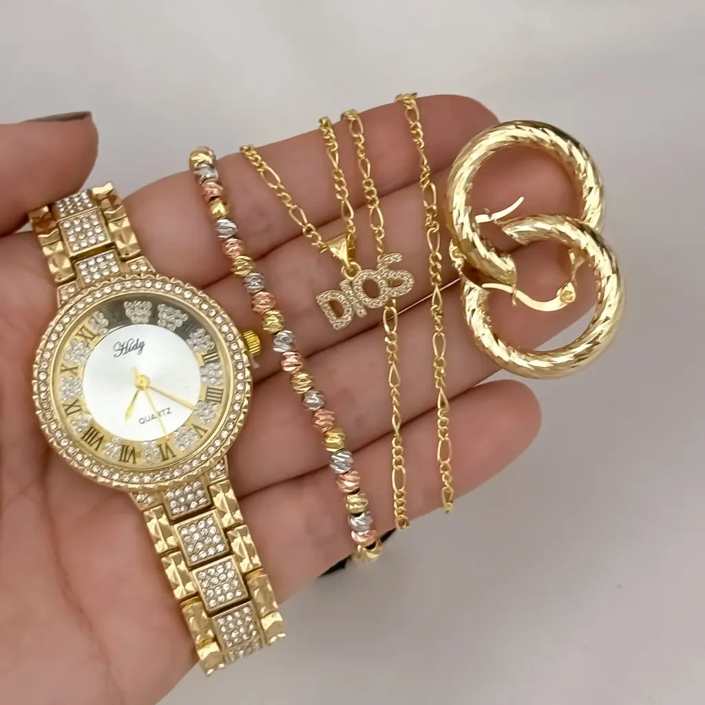 Cadena Tejido Catier de Dama de 45cm + Dije de Dios + Candongas Medina Lisas + Pulsera de 4mm Balin Italaino en Oro Laminado 18k  + Reloj Hifter con micro circones con Garantia