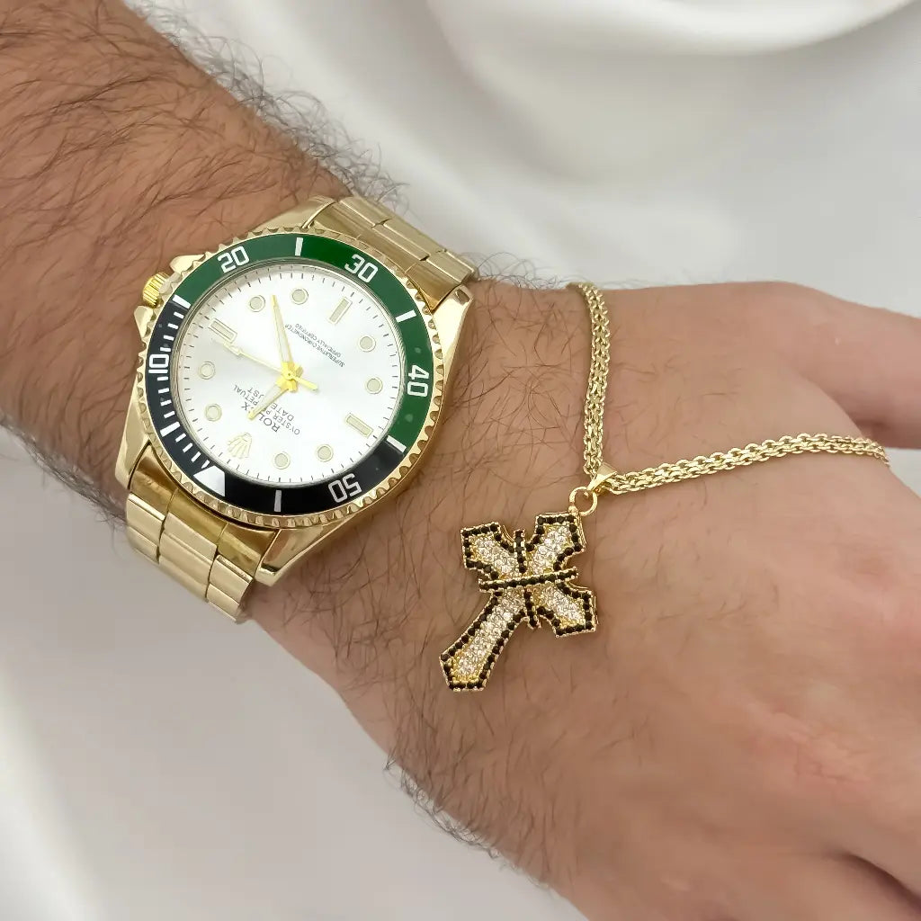 Cadena Tejido Chino 60cm + Cruz Con Circones Negro y Cristales en Oro Laminado 18k con Garantia de por vida + Reloj Rolex en Oro Laminado 18k