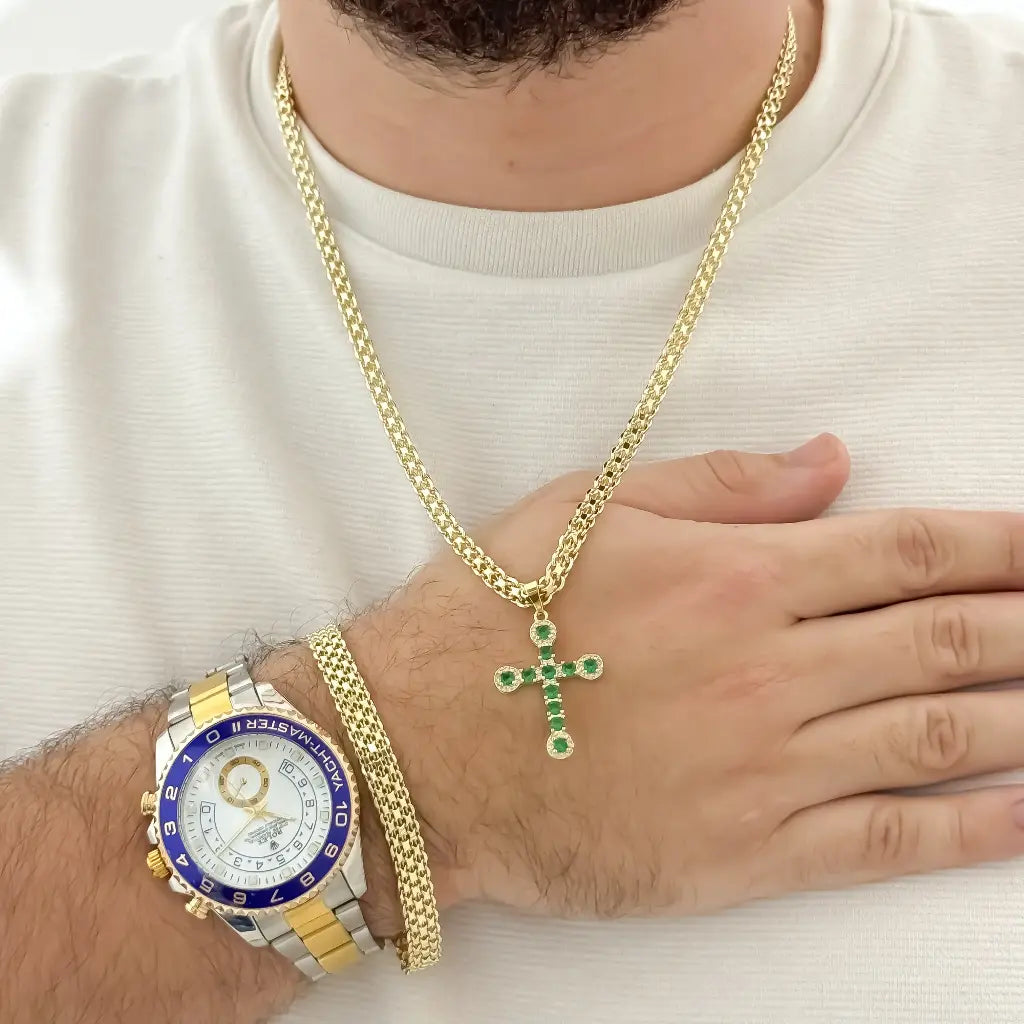 Juego para Caballero de Cadena Tejido Chino 60cm + Cristo verde Esmeralda + Pulsera  Tejido Chino + Reloj Rolex De Bisel Azul