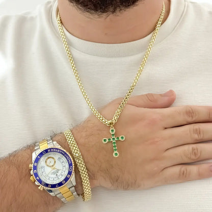 Juego para Caballero de Cadena Tejido Chino 60cm + Cristo verde Esmeralda + Pulsera  Tejido Chino + Reloj Rolex De Bisel Azul