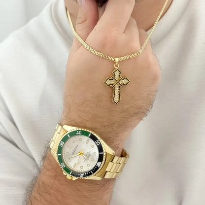 Cadena Tejido Chino 60cm Hombre + Cruz Cristo con Circones Negro + Reloj de Rolex en Oro Laminado 18k